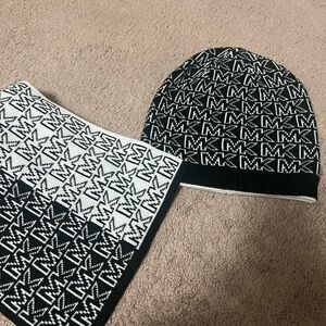 Michael Kors Black and White Beanie and Scarf Set